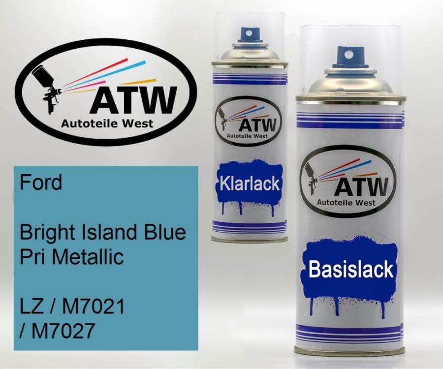 Ford, Bright Island Blue Pri Metallic, LZ / M7021 / M7027: 400ml Sprühdose + 400ml Klarlack - Set, von ATW Autoteile West.